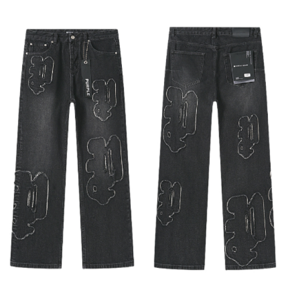 Black Washed Wide-Leg Denim Jeans with Silver Outlined Patches